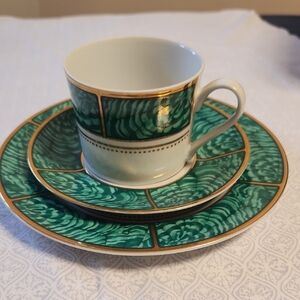 Georges Briard Imperial Malachite Trio Cup, Sauser & Desert Plate Green Gold